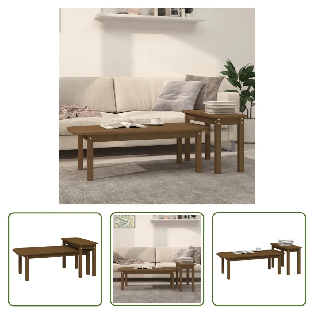 The Living Store Set di 2 tavolini in legno di pino massiccio marrone miele - 10
