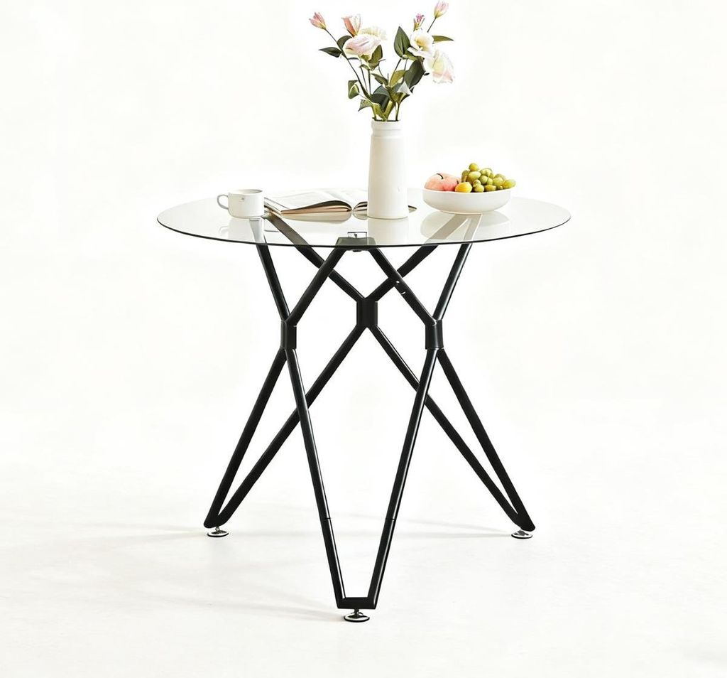 Esstisch Rund 90 cm Schwarz, Glastisch mit Gehärtetem Glas & Metallbeinen, Modernes Design