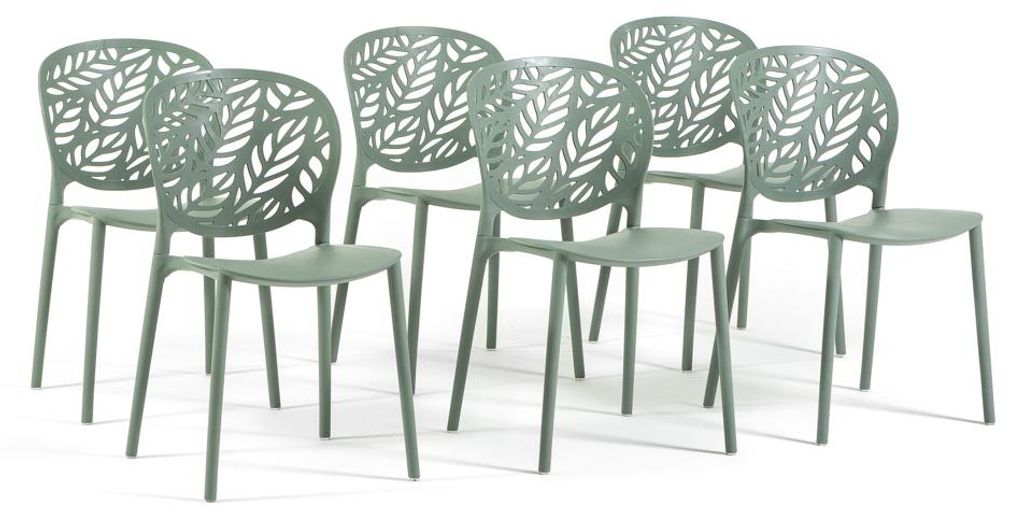 Set mit 6 stapelbaren Stühlen für Innen und Außen aus glasfaserverstärktem Polypropylen, Rückenlehne mit Blattmuster, für Garten Terrasse Bar...