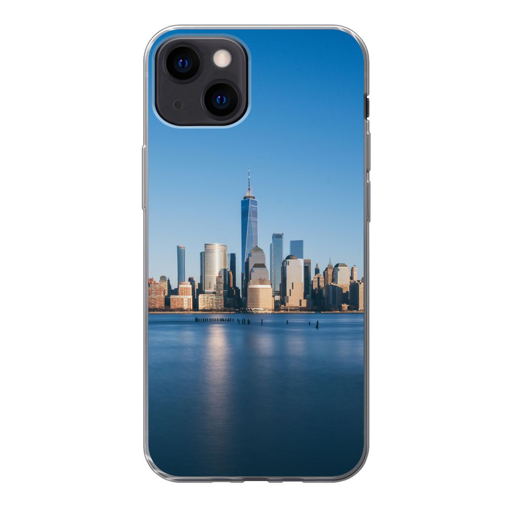 MuchoWow Handyhülle Schutzhülle Hülle für iPhone 13 New York - Skyline - Blau Silikon Softcase Handy Hülle - Karteninhaber