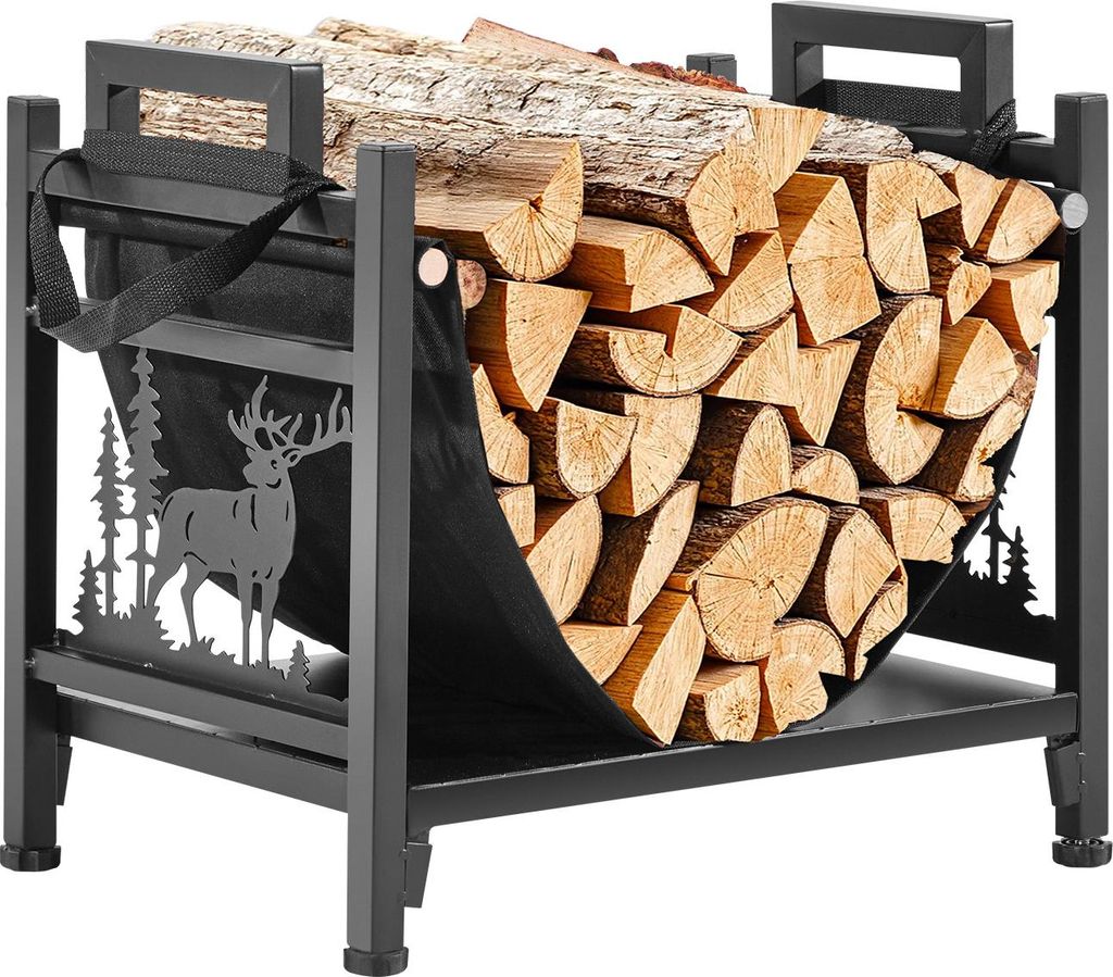 A metal firewood rack filled with logs, featuring a decorative silhouette of a deer and trees on one side.