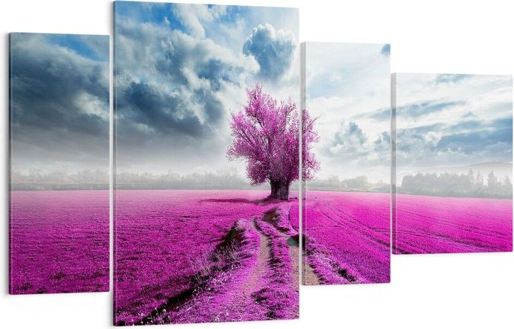 Bild auf Leinwand - Leinwandbild - Heidefeld Baum Wolken Landschaft - 120x70cm - Wand Bild - Wanddeko - Leinwanddruck - Bilder - Kunstdruck - Leinw...