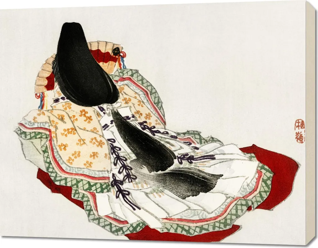 Tableau salon japonais 90x70 cm, portrait dame en kimono style vintage