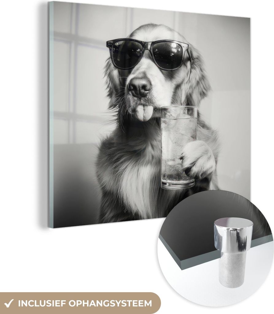 MuchoWow Glasbilder - Bilder auf Wandbild - Foto auf Glas Golden Retriever - Hund - Sonnenbrille - Gkas 40x40 cm Wanddekoration aus Glas - Acrylgla...