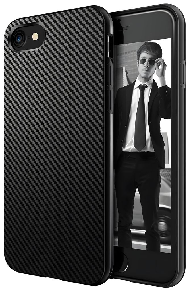 A black carbon fiber patterned phone case is shown next to a smartphone displaying a black and white image of a man in a suit.