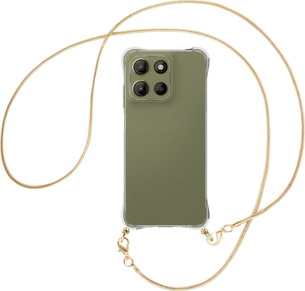 Handykette Backcover-Schutzhülle mit Band (Metall goldfarben) für Motorola Moto G15 - goldfarbene Snake-Kette