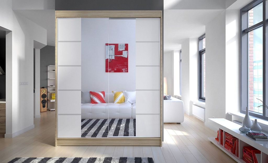 Kleiderschrank mit Spiegel CHANNA 5 – Breite 150 cm, Sonoma/weiß