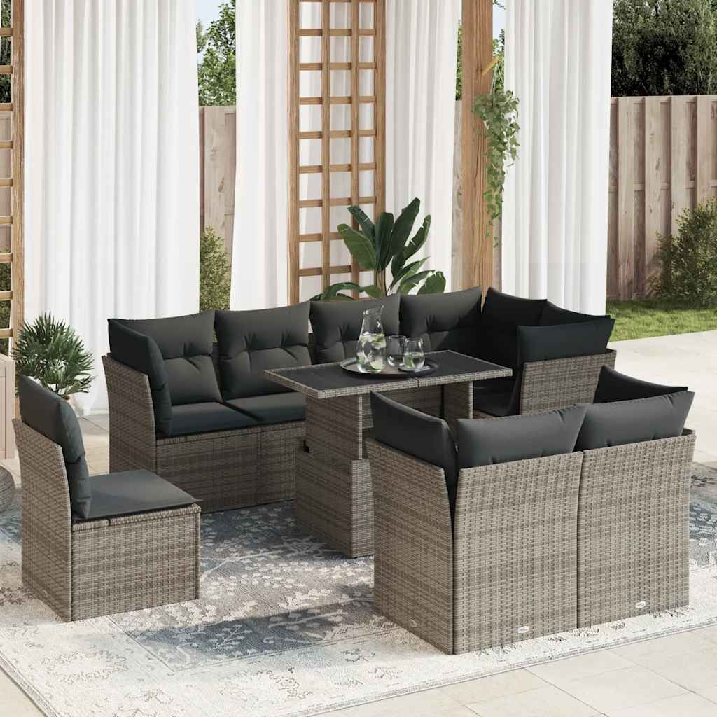 Eleganten-Stil 9-tlg. Garten-Lounge-Set mit Kissen Garten-Sofagarnitur, Outdoor Indoor, Grau Poly Rattan Gartenmöbel-Sets CHY81523568
