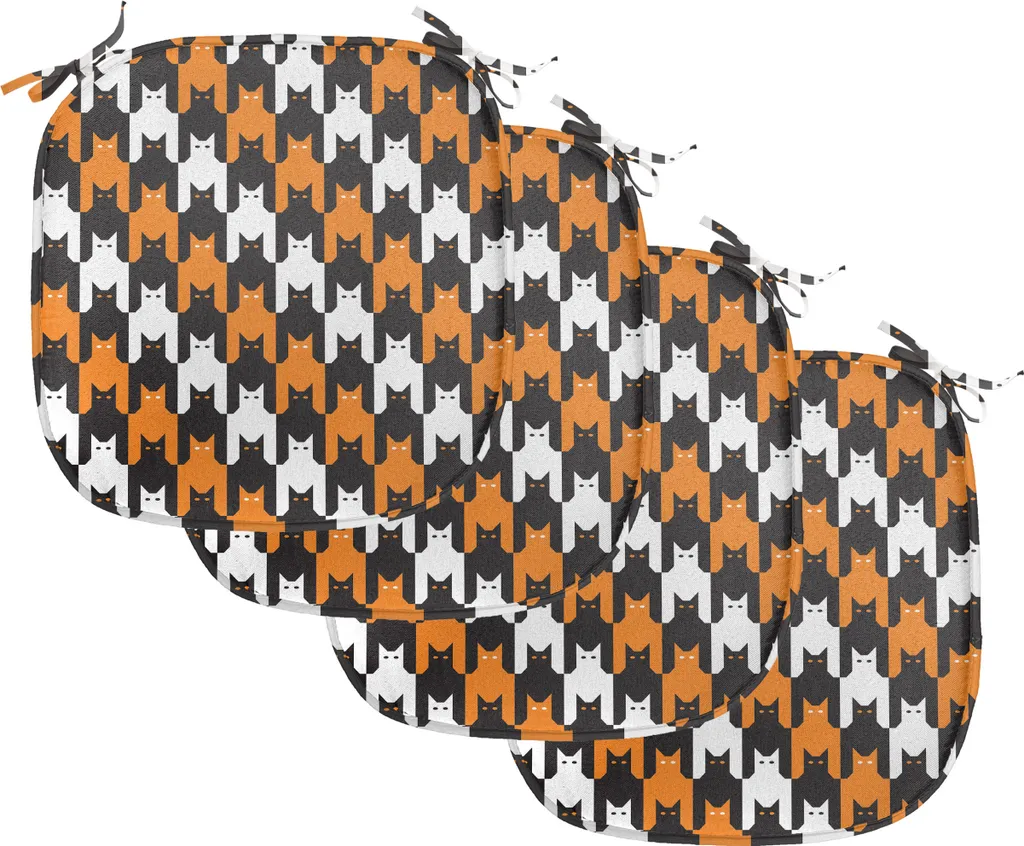 ABAKUHAUS Cuscini di Halloween per sedie da sala da pranzo, motivo Catstooth, cuscini decorativi impermeabili con cinturini per sedie da cucina, 40 cm x 40 cm, confezione da 4, arancione, nero, bianco