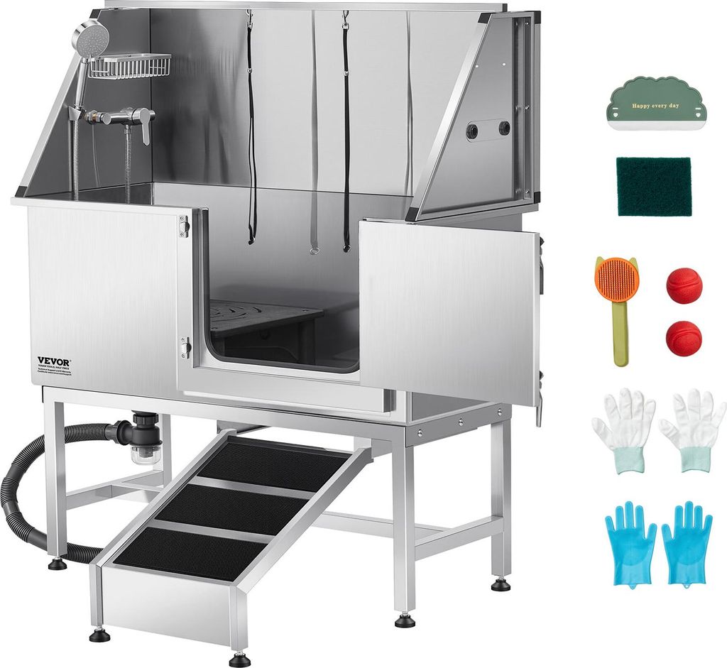 VEVOR Hundewaschstation Edelstahl, 1270x580x1495 mm Tierpflegewanne mit Rampe, PE-Wasserfilterplatte, Wasserhahn, Duschkopf & Seifenhalter, für gr...