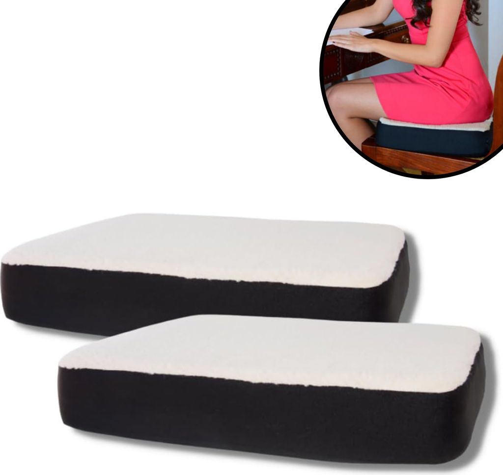 Two seat cushions are shown in the foreground, with a circular inset image of a woman sitting on a chair with a seat cushion in the background.