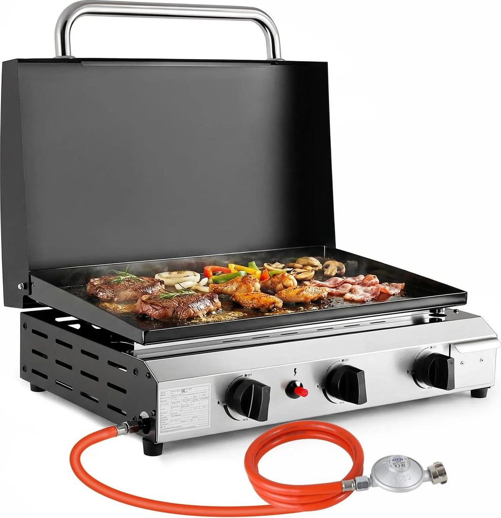 Plancha Gasgrill - 3 Brenner - Mit Deckel - Erdgas - Piezozündung - Edelstahl, porzellanemailliert - 7,2 kW (24.566 BTU) - Weiß