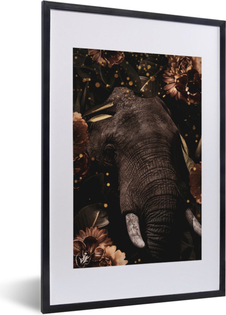 MuchoWow MuchoWow Gerahmtes Poster Elefant - Blumen - Gold 40x60 cm - Poster mit zchwarzem Bilderrahmen - Poster in Rahmen