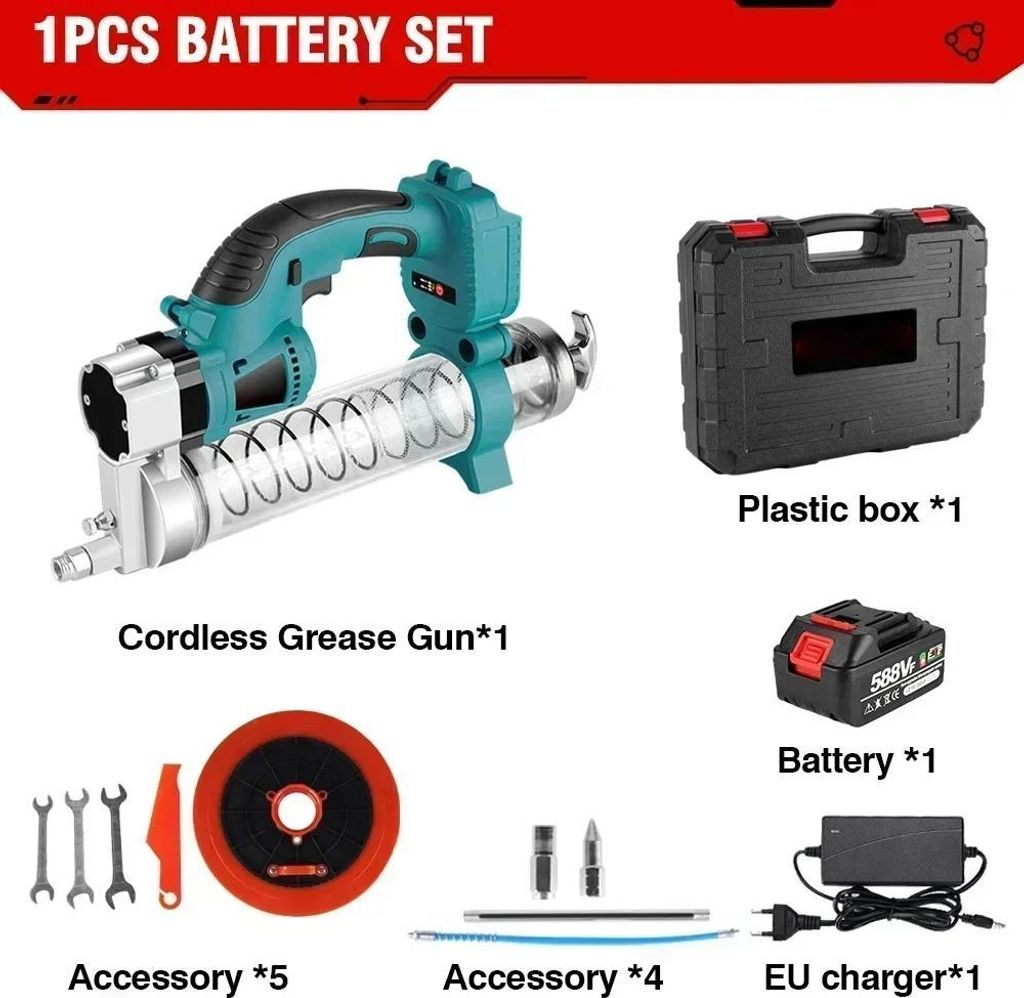 Akkubetriebene Fettpresse - Elektrische Schmierpistole - 689 bar Hochdruck - Bürstenloser Motor - 18V Akku - 1 Akku mit EU-Stecker