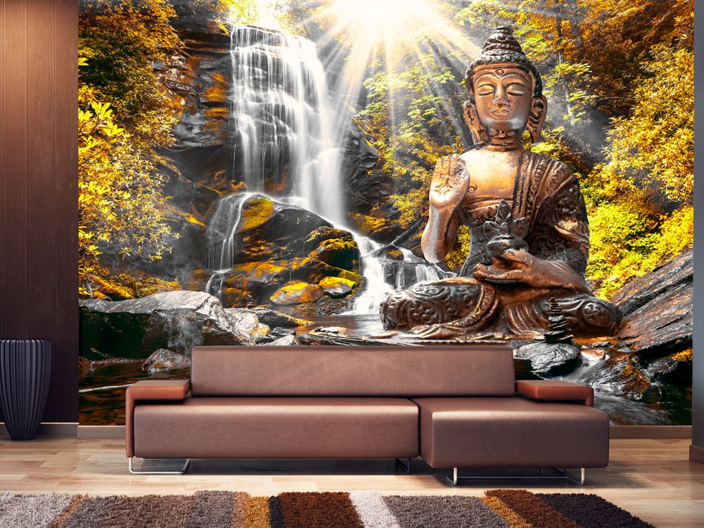 Vlies Fototapete 400x280 cm Tapeten Wandtapete XXL Natur Buddha Wald Wasserfall Asia h-C-0033-a-d