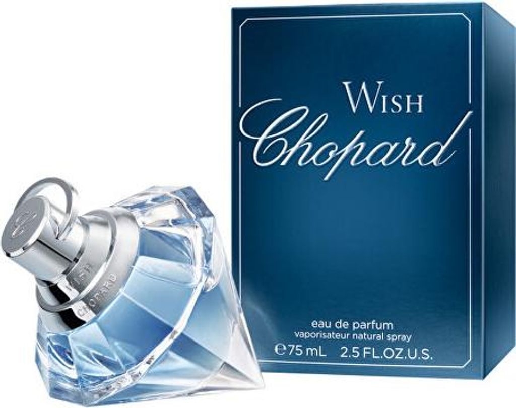 A Chopard Wish Eau de Parfum bottle and its packaging are displayed against a white background.