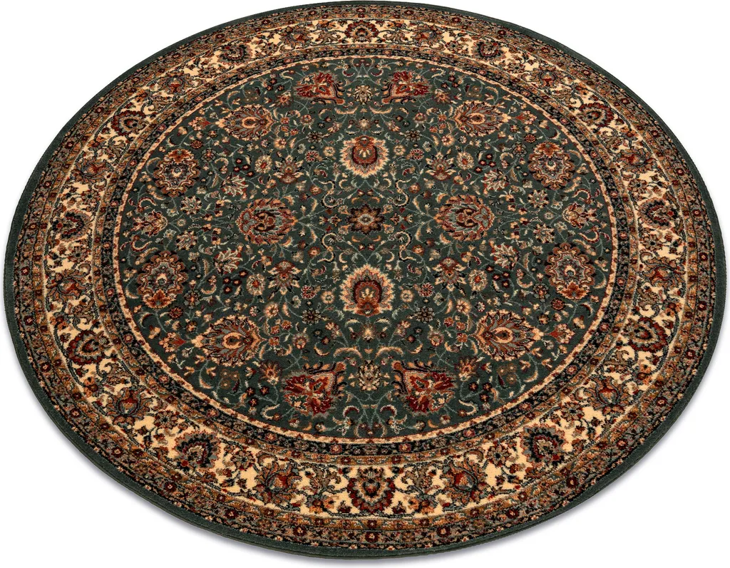 Tapis de salon rond ornemental vert et beige KASHQAI en laine 120 cm