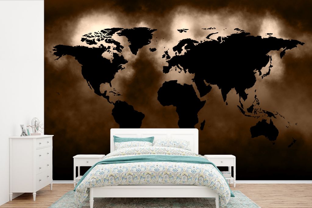 MuchoWow Fototapete für Wohnzimmer oder Schlafzimmer Wandtapete Vinyl Motivtapete Weltkarte - Schwarz - Braun - 390x260 cm - Papiertapete