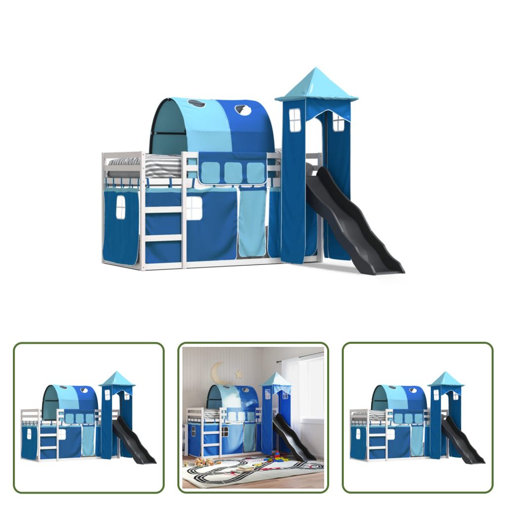 The Living Store Etagenbett mit Rutsche und Gardinen Blau 90x200 cm