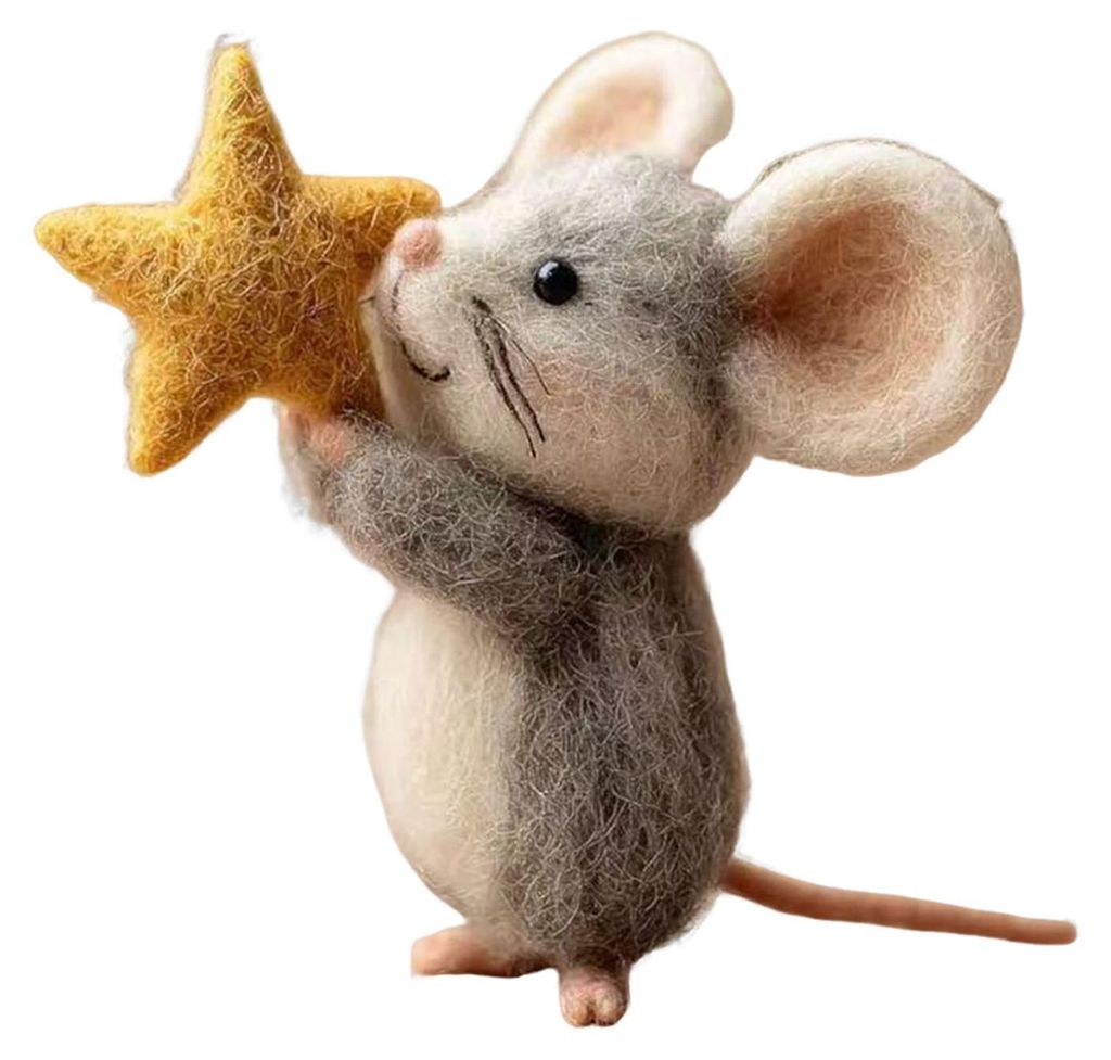 Filzmaus mit Stern, handgefertigte, niedliche Filzmausfigur, Maus hält Zauberstab, Ornament für Herbstdekoration, Weihnachtsstrumpffüller