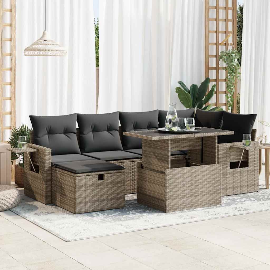 Gartenmöbelgarnitur aus PE-Rattan, Grau, Modulares Design, UV-beständig, mit Stauraum und höhenverstellbarem Tisch