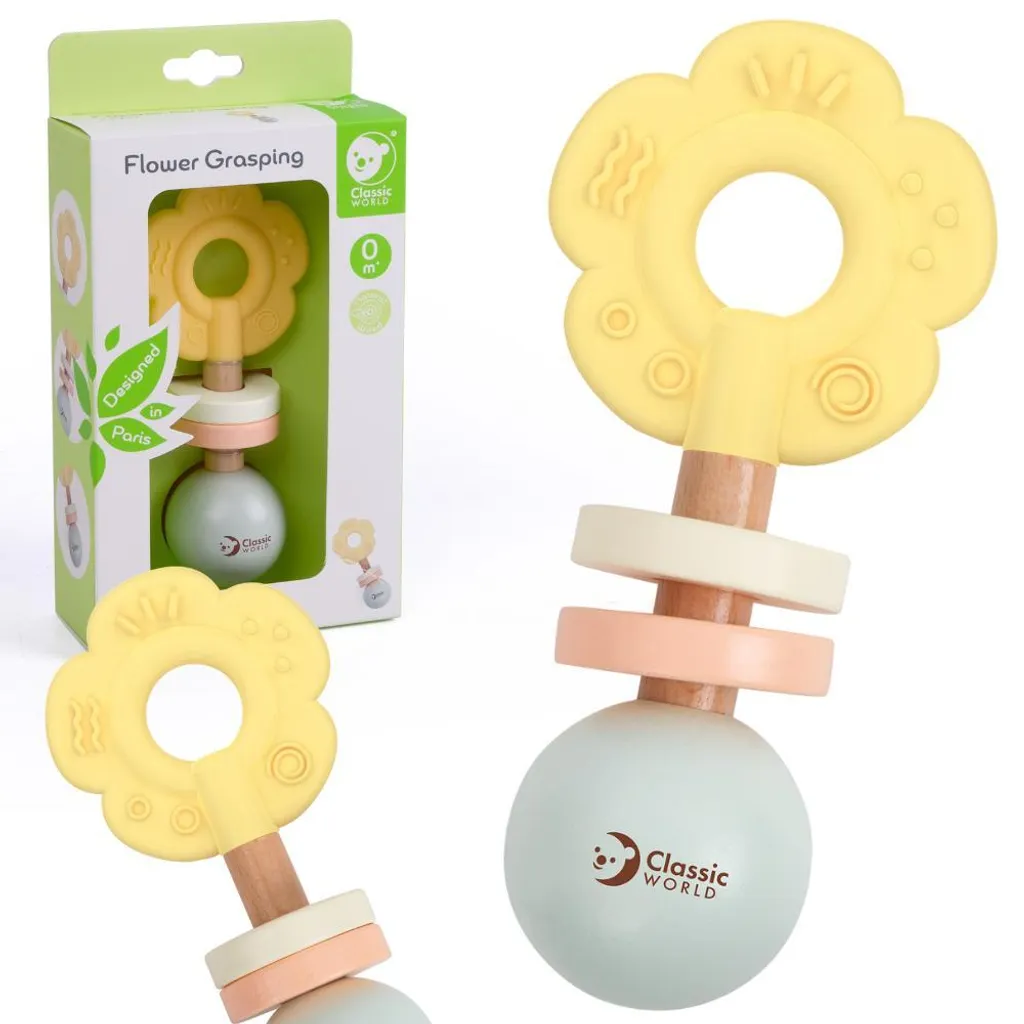 Hochet et anneau de dentition 2 en 1 Classic World en bois pastel fleur