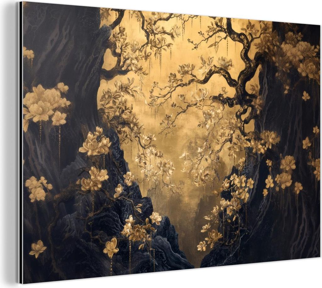 MuchoWow Wanddekoration Metall Metallbild Wandkunst 90x60 cm Blumen - Zweige - Gold - Dekorativ MuchoWow Aluminium Gemälde - Wandbilder