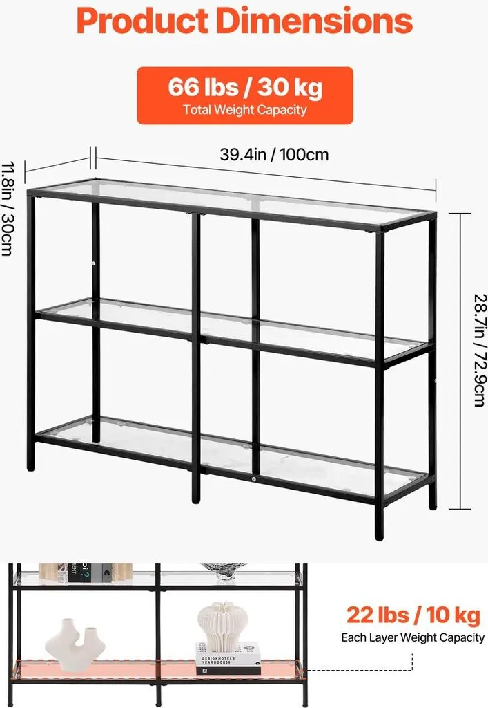 Table d'entrée fine 3 niveaux en verre noir pour petits espaces modernes
