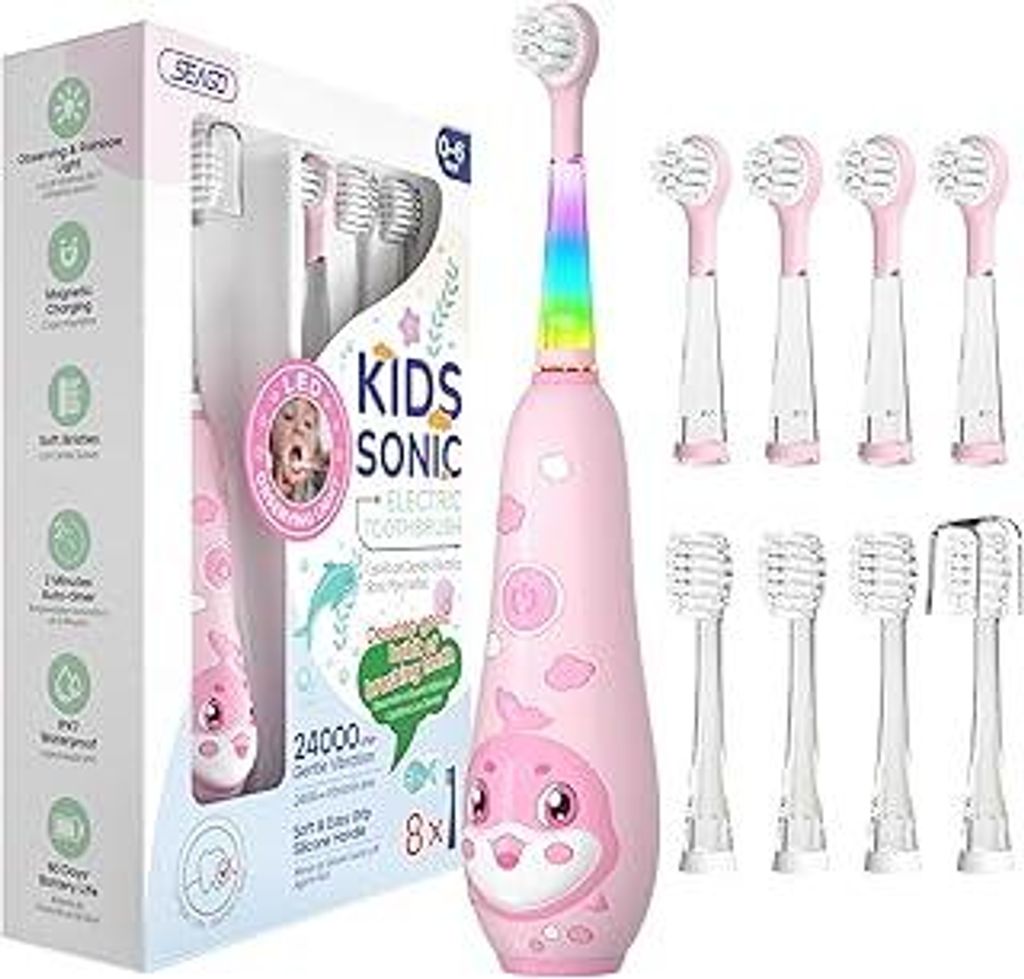 Seago Elektrische Zahnbürste Kinder 0-6 Jahre mit buntem LED Licht, Smart Timer, wiederaufladbare Baby Zahnbürste mit 8 weiche Ersatzbürstenköp...