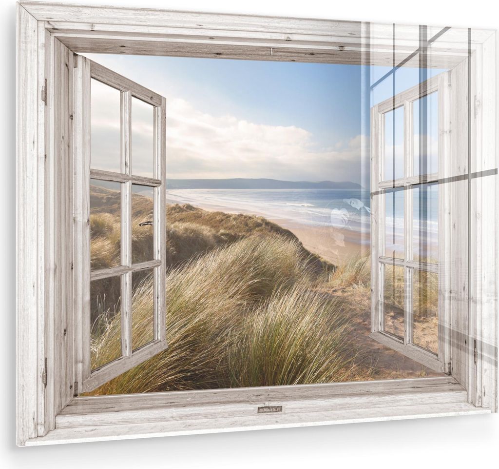 MuchoWow Glasbilder - Bilder auf Wandbild - Foto auf Glas Durchblick - Strand - Meer - Dünen - Strandgras - Sand - Blau 80x60 cm Wanddekoration au...