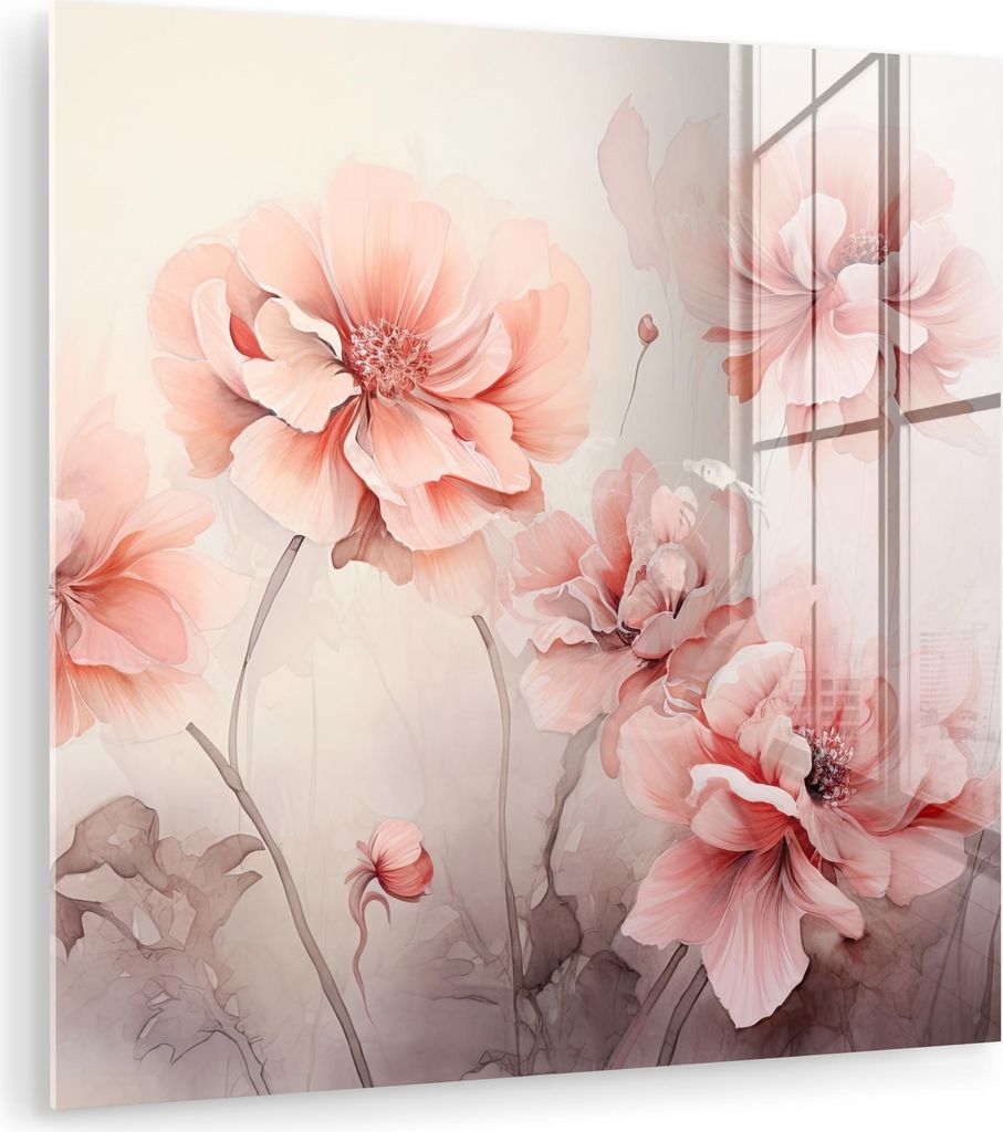 MuchoWow Glasbilder - Bilder auf Wandbild - Foto auf Glas Blumen - Rosa - Kunst - Abstrakt - Aquarell 40x40 cm Wanddekoration aus Glas - Acrylglasb...