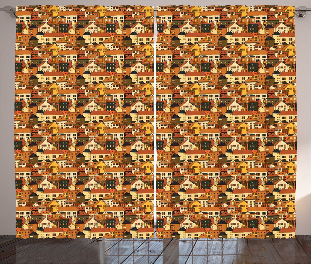 ABAKUHAUS Stadt Rustikaler Vorhang, Panorama-Illustration, Wohnzimmer Universalband Gardinen mit Schlaufen und Haken, 280 x 245 cm, Grün Orange Beige