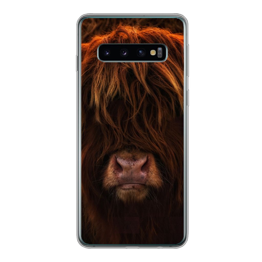 MuchoWow Handyhülle Schutzhülle Hülle für Samsung Galaxy S10 Schottischer Highlander - Kuh - Schwarz - Porträt Silikon Softcase Handy Hülle...