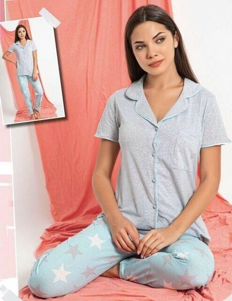 Damen Pyjama Schlafanzug Hellgrau XL Kurz Viskose mit Knöpfen 2 Teiler S-91