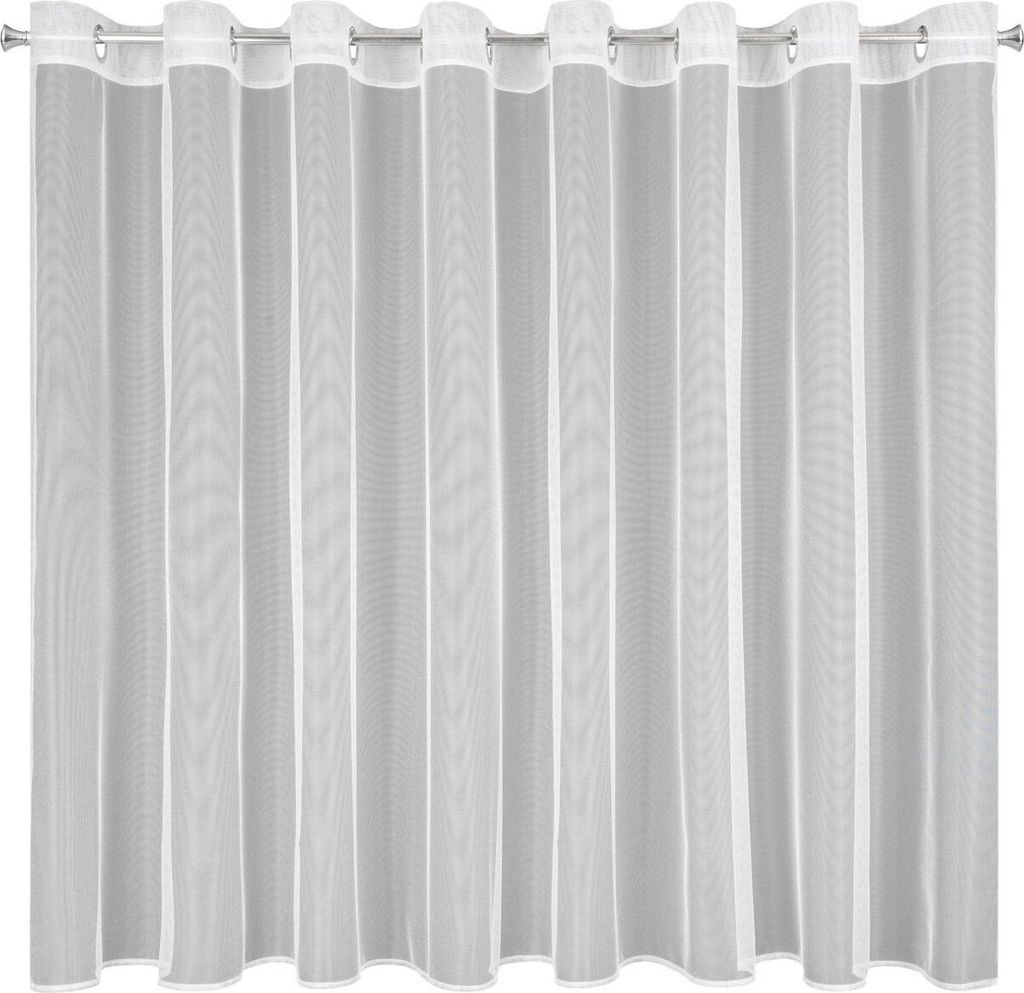 A white sheer curtain with grommets hanging from a rod.