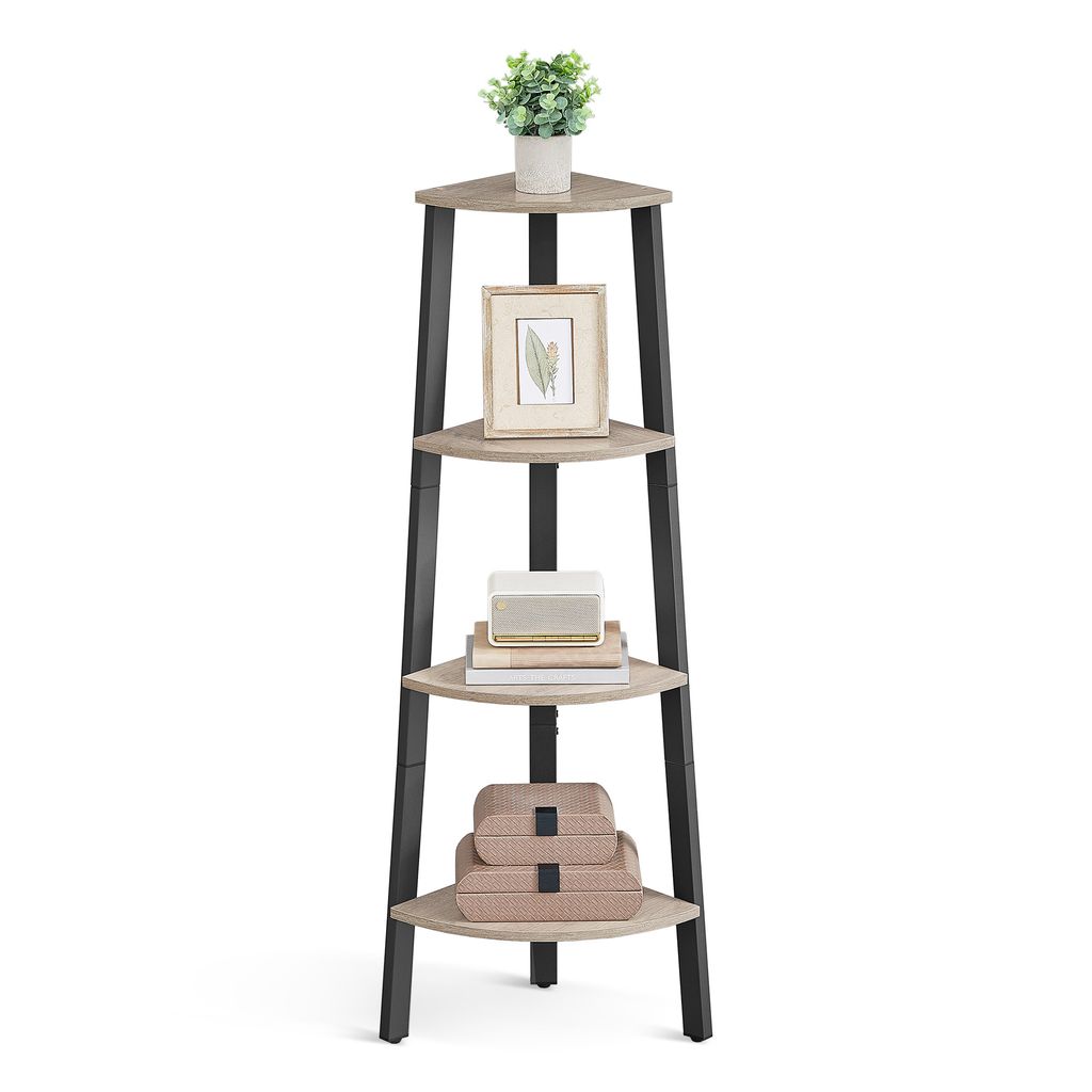 A four-tier corner shelf unit with a wood-grain finish and black metal frame, decorated with a potted plant, a framed picture, books, and decorative boxes.
