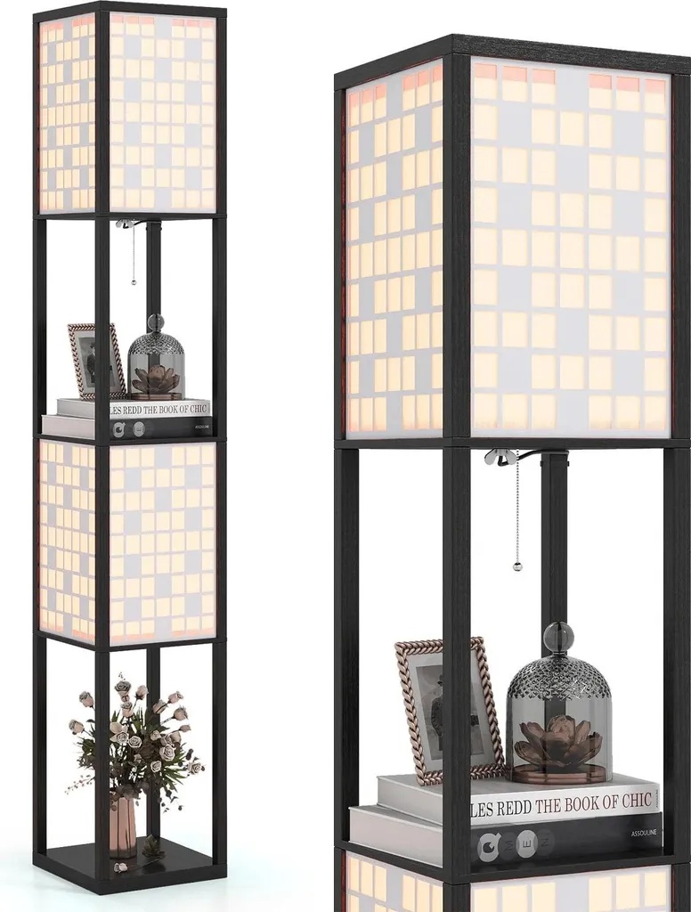 Lampadaire avec étagères en bois et 2 ampoules à motif découpé chic
