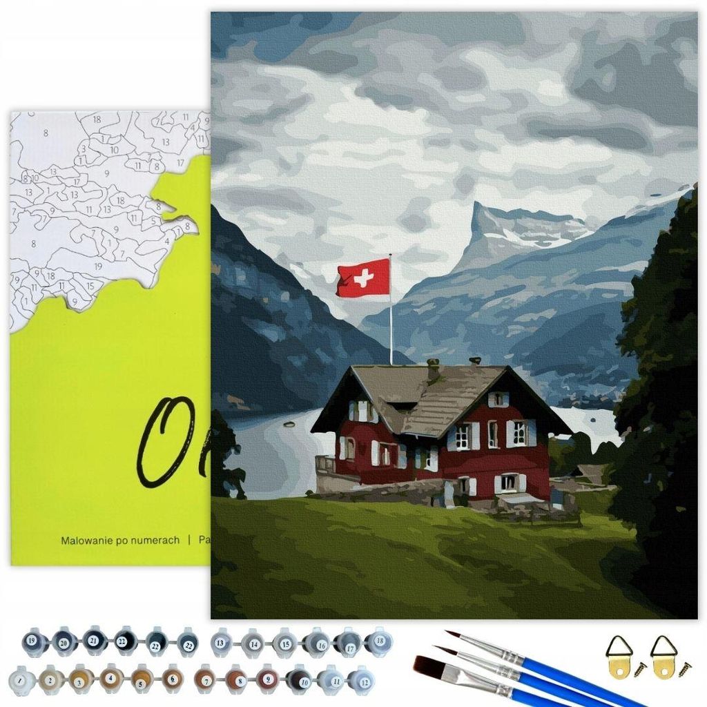 Oh Art! Malen nach Zahlen Landschaft – Schweizer Haus am See 50x40 cm mit Rahmen, 29 Farben inkl. Pinsel & Acrylfarben, Komplettset für Erwachsene