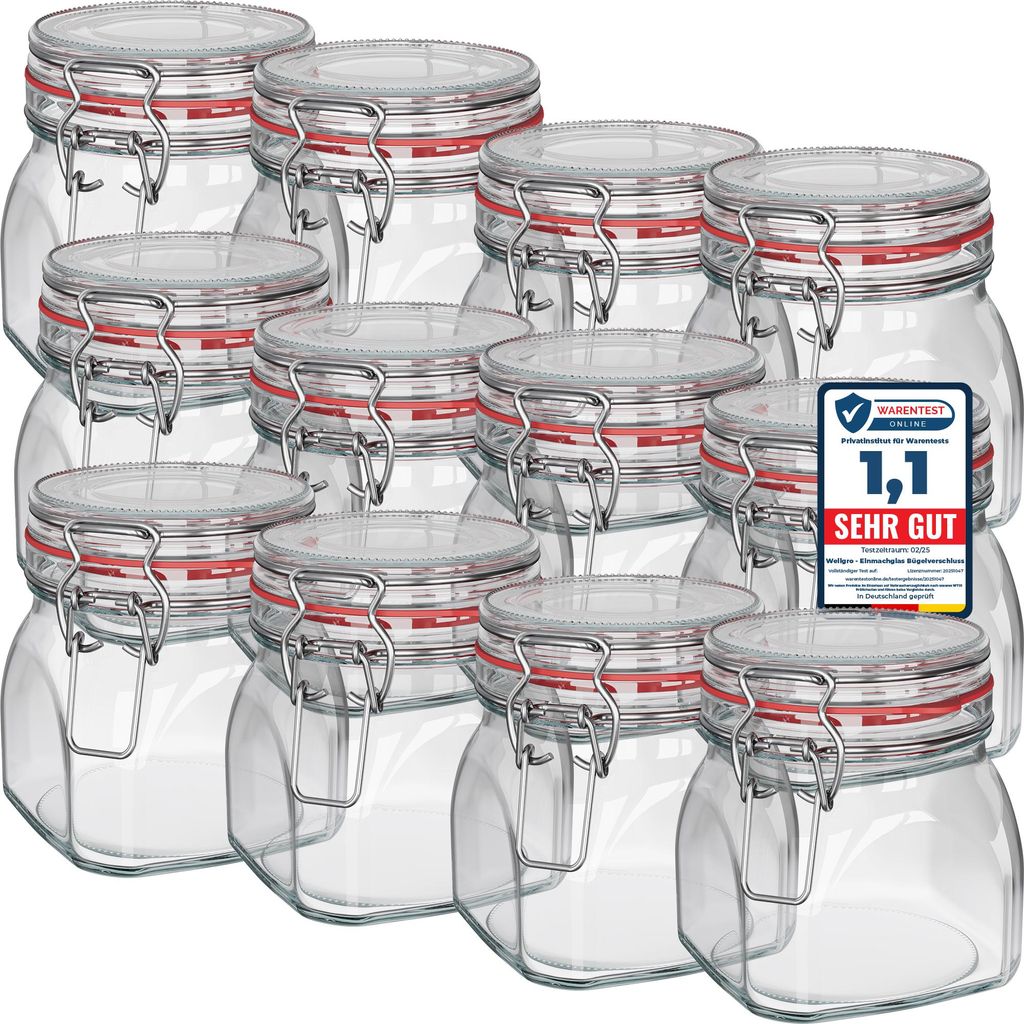 WELLGRO Einmachgläser mit Bügelverschluss eckig 630ml - Produktbild 