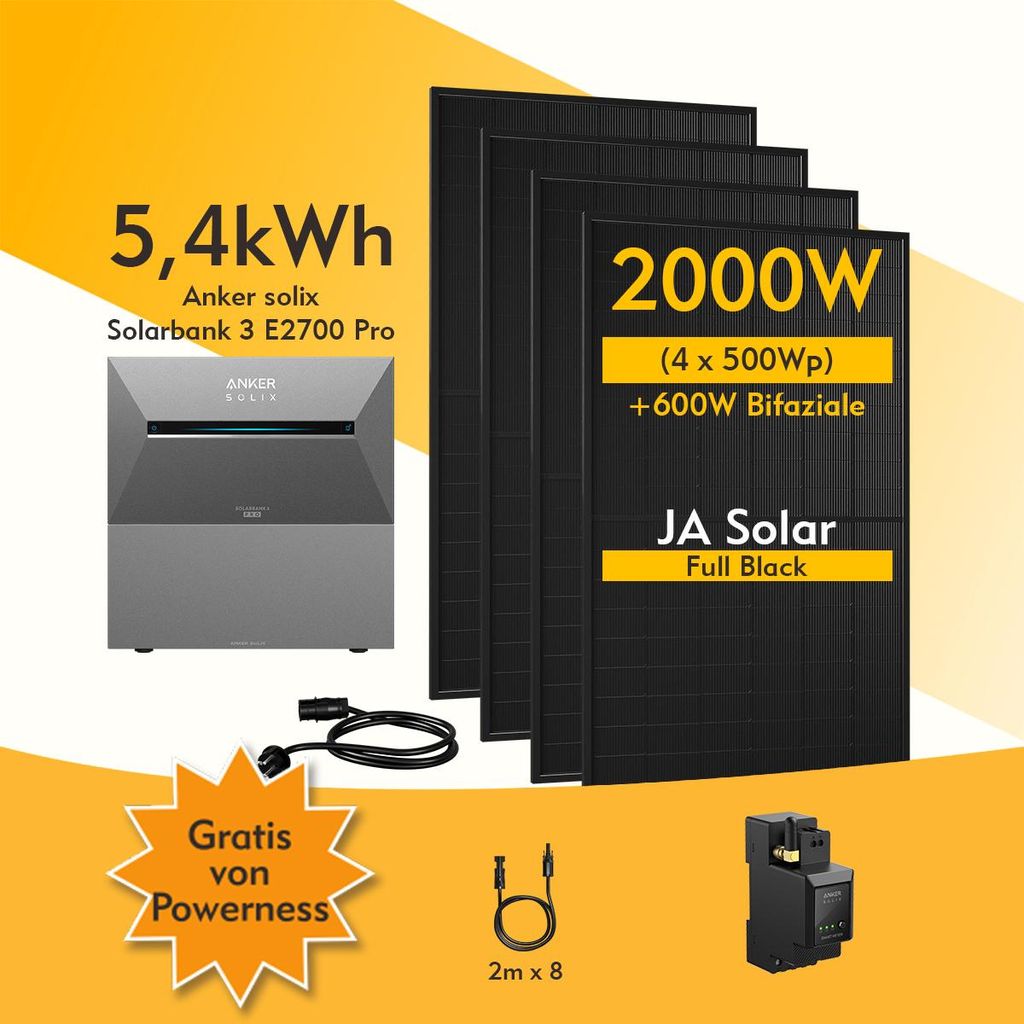 Powerness Balkonkraftwerk mit Speicher, Anker SOLIX Solarbank 3 E2700 Pro und BP2700 Erweiterungsakku & Smart Meter, JA Solar 2000W Bifacial Modulen