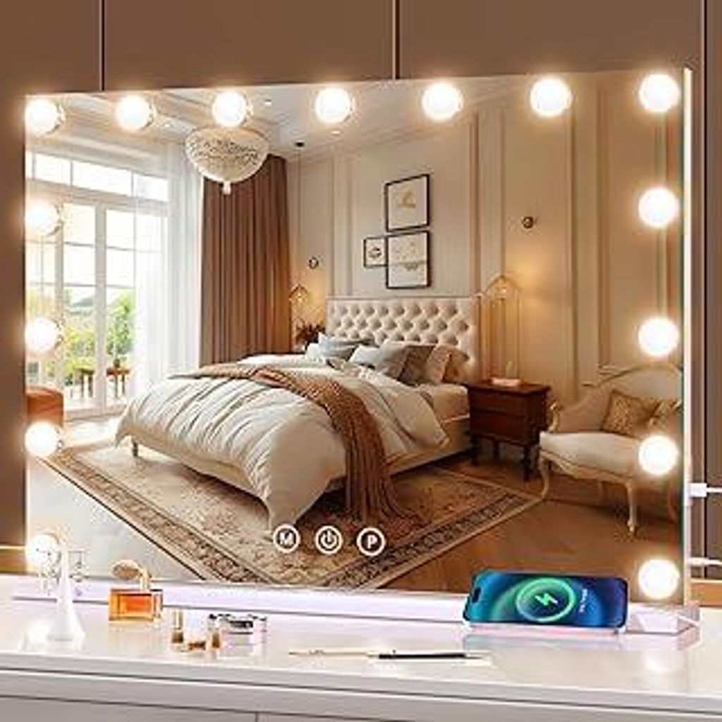 halumao Schminkspiegel mit Beleuchtung, 58 x 48 cm Hollywood schminktisch Spiegel mit 15 Lampen, 3 Modi Tischspiegel mit Touch-Schalter USB-Ladeans...