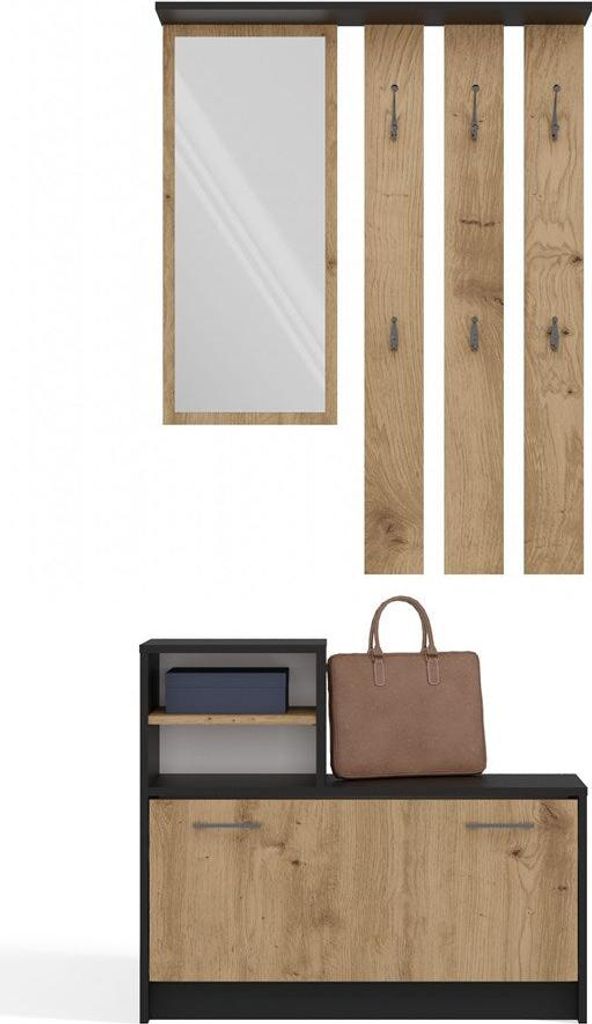 Halsketten-Aufhänger mit Spiegel und Schuhschrank – 6 Kleiderbügel, 8–9 Schuhe | Anthrazit / Artisan-Eiche
