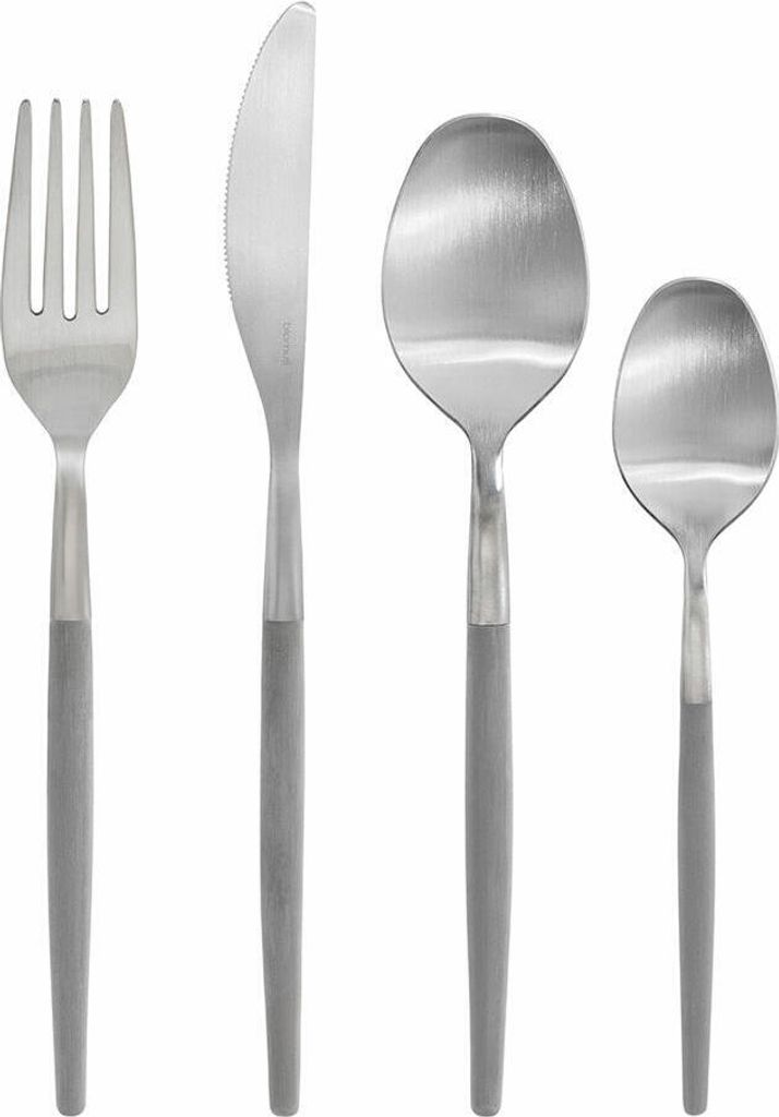A set of four stainless steel cutlery pieces with gray handles, arranged in a row against a white background.