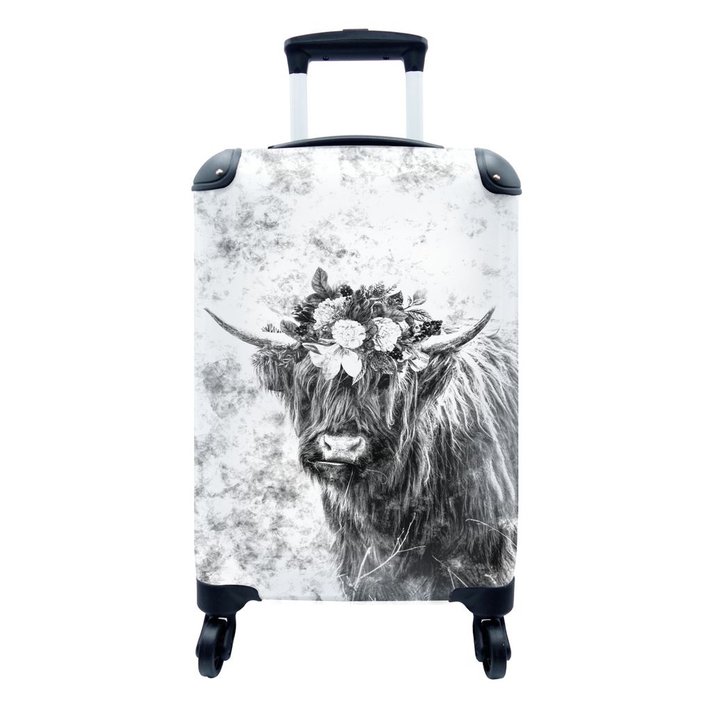 MuchoWow Koffer Handgepäck Trolley Rollkoffer Kleine Reisekoffer mit 4 Rollen - Schottischer Highlander mit einer Blumenkrone - schwarz und wei...