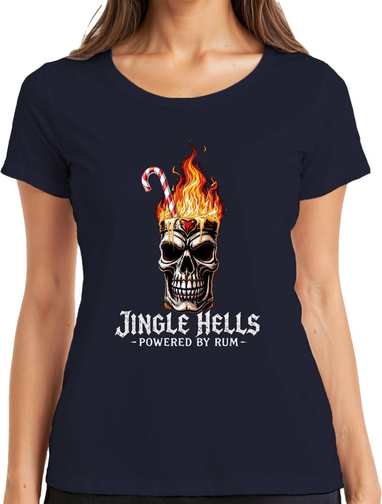 Jingle Hells Powered by Rum Totenkopf Weihnachten Flammen lustig Damen T-Shirt, Navy, S