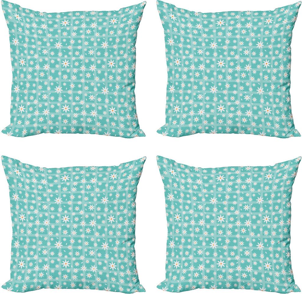ABAKUHAUS Gänseblümchen Kissenbezug Set (4 Stück), Cartoon Blumenblätter auf Gitter, Moderner Doppelseitiger Digitaldruck, 40 cm x 40 cm, Mehrf...