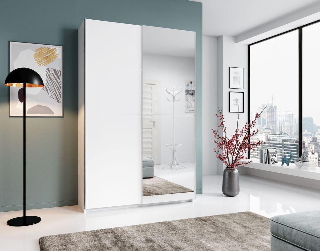 Garderobenschrank - Weiß matt - 125 x 195 cm - mit Spiegel Produktbild 