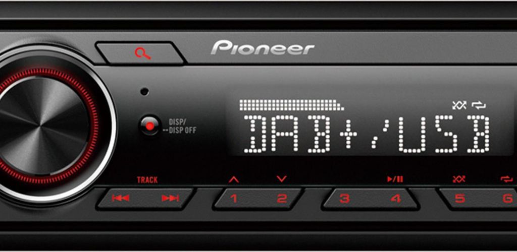 A close-up front view of a car stereo system.