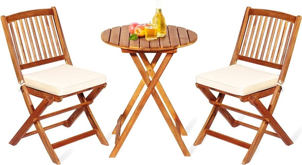 Gartenmoebel Set Klappbar, Balkonmoebel Set 3 teilig Massivholz, Balkontisch Bistrotisch mit 2 klappbaren Stühlen, Balkon Tisch Gartentisch rund, ...