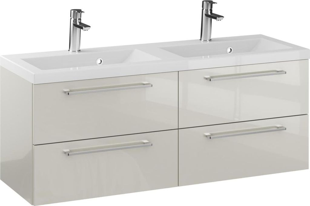 FURNI Waschtischunterschrank RON 120 cm - Kaschmir - Hängender Badschrank mit Mineralguss - Waschbecken - Griffe Chrom - Vormontiert
